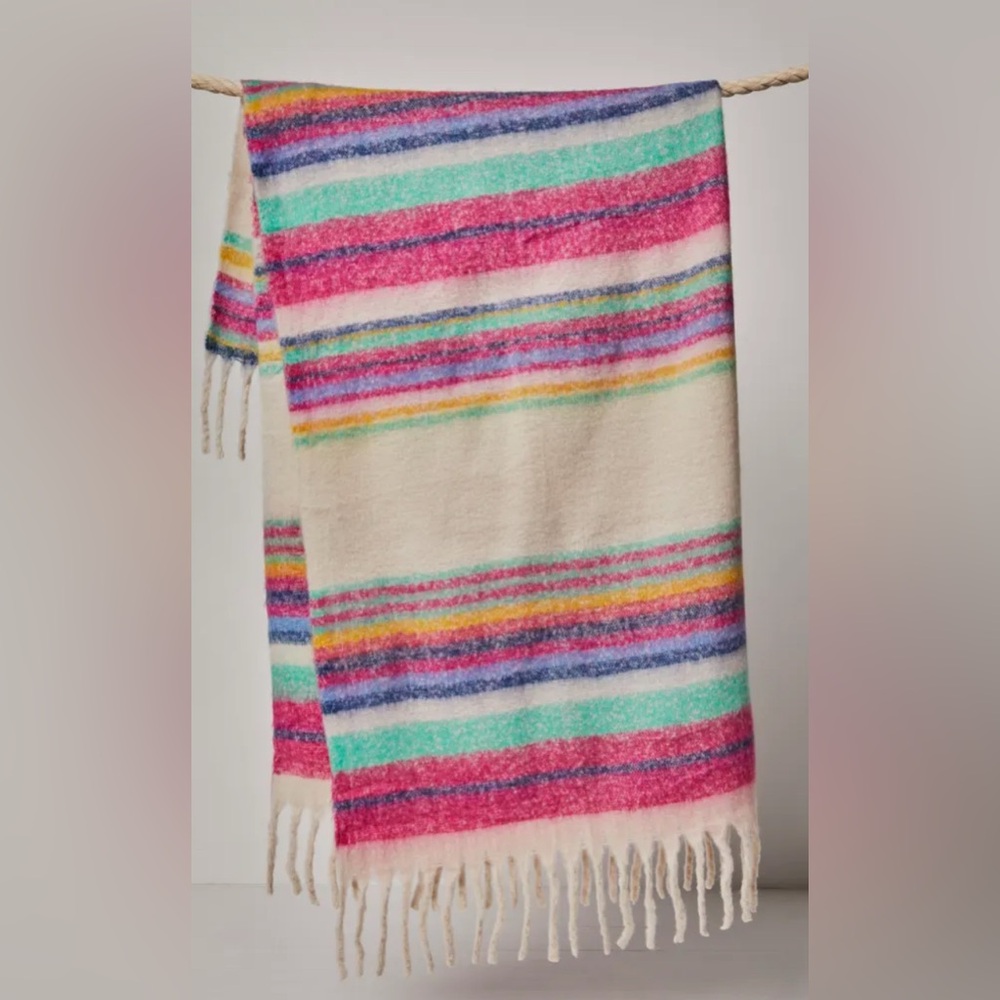 FREE PEOPLE Skye Stripe Fringe Throw Blanket O/S 60’’ x 51” Ivory Multi